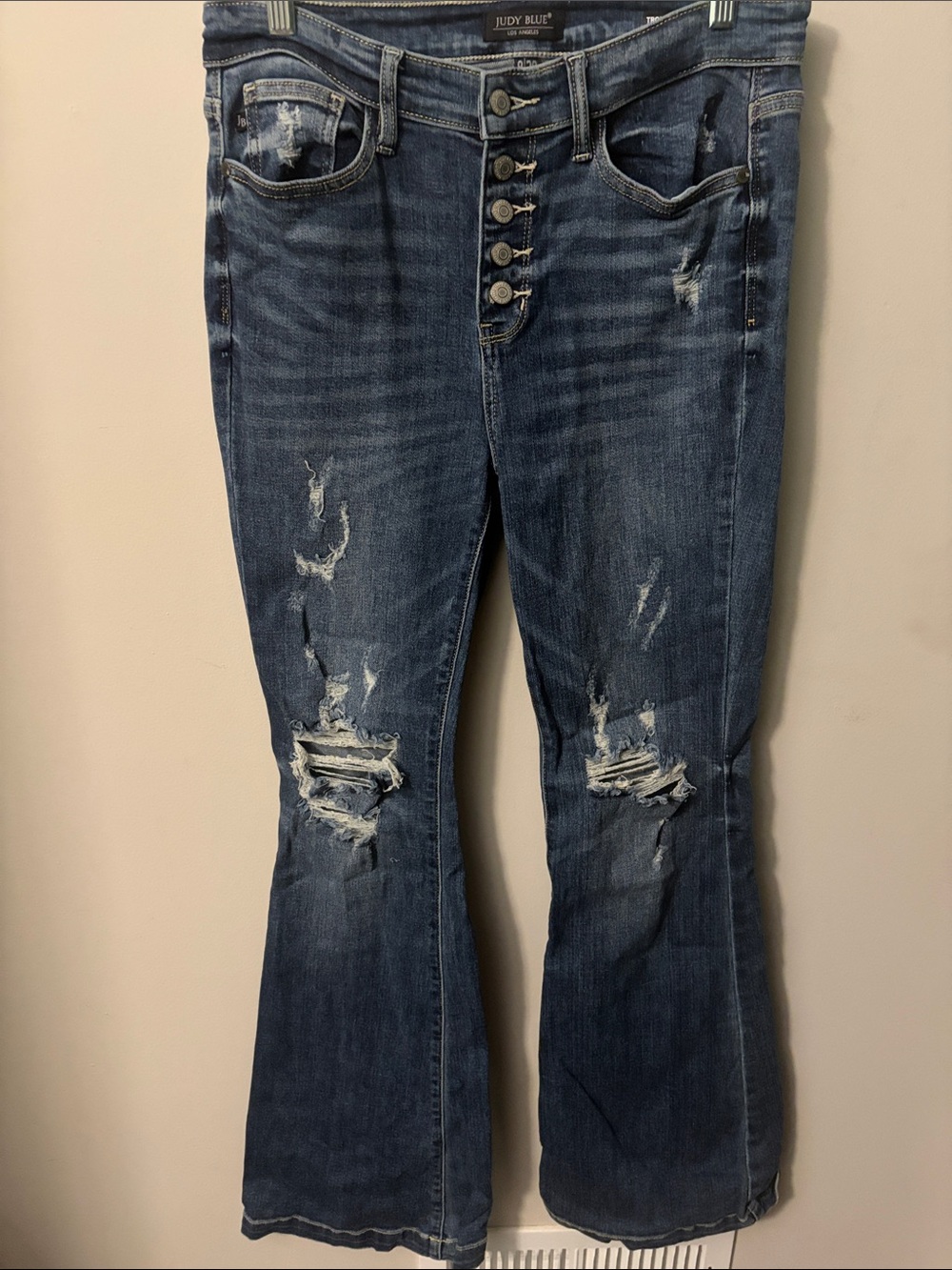 Judy Blue Blue Distressed Flare Jeans with Button-Fly